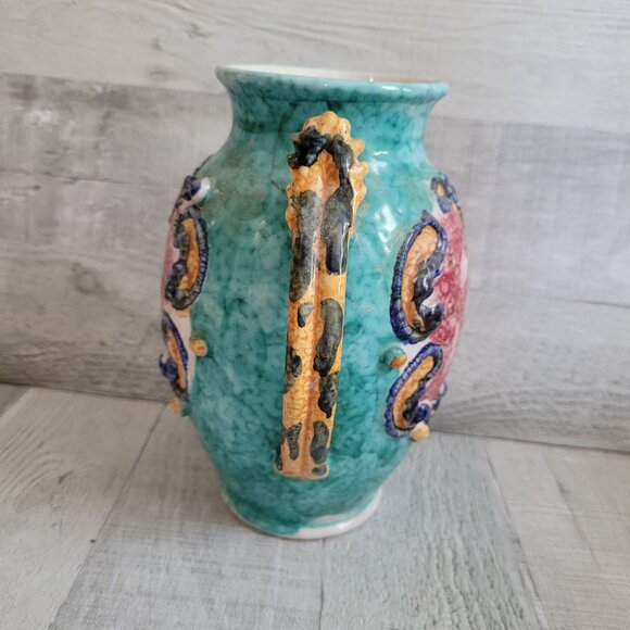 Vintage Daruta Italy Hand-Painted Ceramic Vase With Ornate Handles & Scenic Moti - Picture 7 of 8
